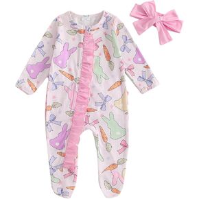 Newborn Baby Girl Easter Outfit Bow Bunny Print Footie Romper Ruffle Zipper Bodysuit Jumpsuit with Headband