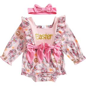Newborn Baby Girl Easter Outfit Ruffles Bunny Embroidery Long Sleeve Romper Spring Playsuit For Infant Girl 0-18M in Saudi Arabia