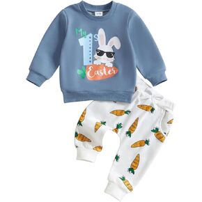 Aopwsrlyi My First Easter Baby Boy Outfit Bunny Letter Carrot Print Long Sleeve Sweatshirt and Pants 2Pcs Clothes Set