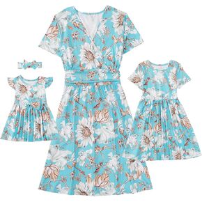 Mommy and Me Floral Dresses Mother Daughter Matching Short Sleeve Tshirt Midi Dress Crew Neck Outfits with Pockets