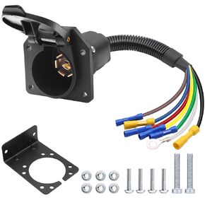 7 Way RV Trailer Light Connector Socket, 7 pin Trailer Wiring Harness Adapter Quick Converter with Mounting Bracket,for RV,Camper,Truck,Trailer, Quick-Install 7 Pin Trailer Plug