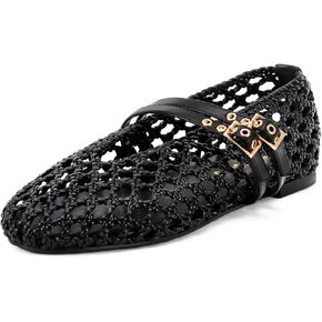 Women's Woven Mary Jane Flats - Mesh Ballet Flats with Adjustable Double Metal Buckle Strap and Round Toe