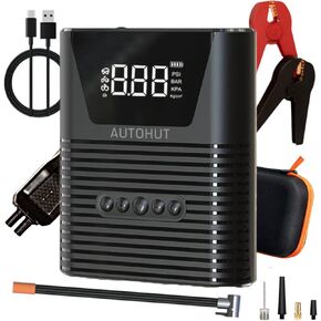 AUTOHUT Portable Air Compressor with Jump Starter - 8800mAh 12V Car Battery Charger - 150PSI Tire Inflator for Cars, Bikes, Balls - LCD Screen Display - Emergency Flashlight - Power Bank with USB Port