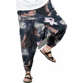 perdontoo Men Women's Harem Pants Drawstring Elastic Waist Aladdin Boho Hippie Drop Crotch Trousers (36, Style 14)