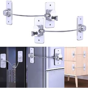 2-Pack Refrigerator Lock w/Key Babyproofing for Cabinet Door Drawer Freezer, 90 Degree Window Fridge Latches for Toddler Cat Dog, Child Safety RV Furniture Anchors Anti Tip, Adhesive/Drill