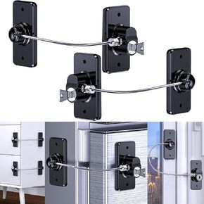 2-Pack Refrigerator Lock w/Key Baby Proofing for Cabinet Door Drawer Freezer, 90 Degree Window Fridge Cable Latches for Toddler Cat, Child Safety Furniture Anchors Anti Tip Adhesive/Drill
