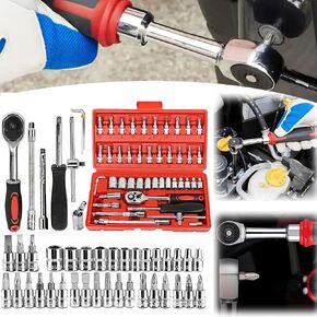 46-Piece 1/4 inch Drive Hand Slim Ratchet Wrench Set - Complete Socket Tool Kit for Easy Repairs (Red)