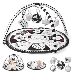 Black and White Tummy Time Mat, Play Mat for Babies 0-6 Months High Contrast Baby Play Activity Gym Baby Tummy Time Play Mat with 5 Toys for Early Sensory Exploration Newborn Infant Baby Playmat
