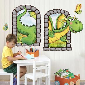Green Dinosaur Wall Decals for Baby Boys Room Kids Nursery Dino Wall Stickers Funny Stone Window Dino Wall Art Removable Classroom Home Decor BM4122 (Dinosaur)