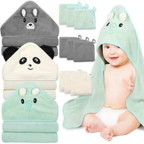 12 PCS Baby Towels, 3 PCS Soft Hooded Baby Towels & 9 PCS Washcloths, Baby Bath Towels for Newborns, Infants & Toddlers- Ultra Absorbent, Cute Baby Towel Gift for Boys & Girls