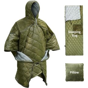 Wearable Sleeping Bag Blanket Hooded Poncho, 5 in 1 Multifunction, Insulated Sleeping Bag for Camping Backpacking Hiking