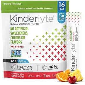Kinderlyte Electrolyte Powder Drink Mix, Hydration Packets, No Artificial Sweeteners or Flavors, No Synthetic Dyes, Vegan, Non-GMO, Gluten Free, for Kids and Adults, Lemonade (16 Count)