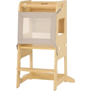 Basic Wooden Toddler Tower with Detachable Net, 3 Adjustable Height Kitchen Stool with Non-Slip Mats, Step Stool for Kitchen Counter, Bathroom Sink