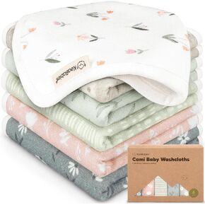 6-Pack Cotton Baby Washcloths for Newborn - Organic Cotton Muslin Soft Wash Cloths for Babies, Infant, Kids, Toddler Towels for Boy, Girl, Super Absorbent Face Cloths, Scratch-Free Baby Rags (Fleur)