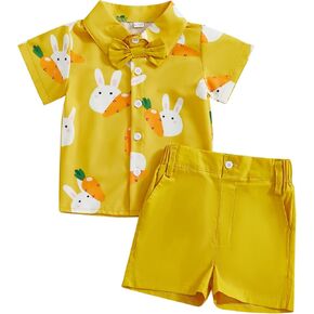 Toddler Baby Boy Easter Outfit Short Sleeve Bunny Egg Print Button Down Shirt Shorts Set Gentlemen Clothes