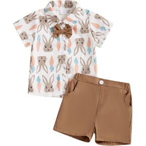 Hnyenmcko Toddler Baby Boy Easter Outfit Short Sleeve Bunny Print Button Down Shirt Solid Shorts 2Pcs Summer Clothes Set