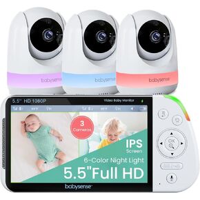 Babysense 5.5" Full-HD Split-Screen Baby Monitor, 1080p Video Baby Monitor with Camera and Audio, 3 Cameras with 6-Color RGB Night Light, 1000ft Range, Two-Way Audio, 4X Zoom, Large Battery