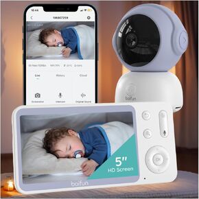 BOIFUN 2K Video Baby Monitor with Camera & WiFi, 360° Auto Tracking, 5" Screen, AI Motion & Cry Detection, Night Vision, Long Battery Life – Ideal for Busy Parents, Monitor via Smartphone App & Screen