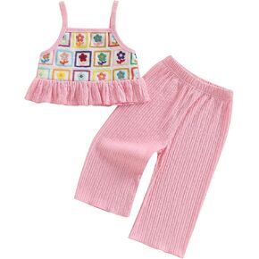 Toddler Baby Girl Summer Outfits Crochet Camisole Top and Linen Pants 2PC Kids Bohemian Beach Clothes for Girls