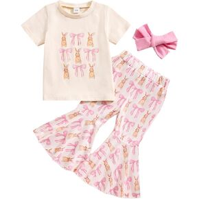 Noubeau Toddler Baby Girl Easter Outfits Bunny Bow T-Shirt Rabbit Bell Bottom Pants Set Headband 3Pcs Spring Summer Clothes