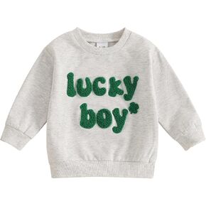 Toddler Baby Boy St Patricks Day Outfit Lucky Boy Clover Embroidery Sweatshirt Long Sleeve Pullover Spring Clothes