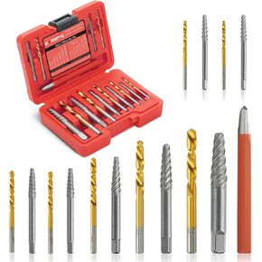 15 Pieces Screw Extractor Kit, 37# Cr-Mo & 6542 Hss Steel Cobalt Left Hand Drill Bits Set for Removing Broken Bolt and Rounded Nut, Ez Out Stripped Screw Set with Center Punch