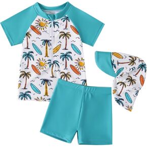 Baby Boy 3 Pieces Swimsuit Quick Dry Swim Trunks Set Toddler Rash Guard Sets Beach Hawaii Bathing Suits Swimwear with Sun Hat
