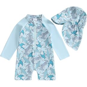 Toddler Baby Boy Girl Swimsuit Rash Guard One Piece Zipper Bathing Suit Beachwear Swimwear with Hat
