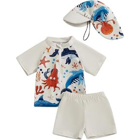 Toddler Baby Boy Swimsuit 3-Piece Swimwear Shark Swim Shirt Trunk Bathing Suit Kids Little Boys Rash Guard Sets