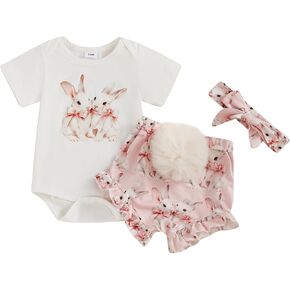 YINGISFITM My First Easter Baby Girl Outfit Short Sleeve Bunny Onesie Romper Pompom Shorts Newborn Easter Clothes+Headband