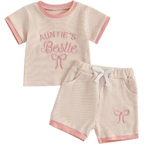 Lamuusaa Toddler Baby Girl Summer Clothes Aunties Bestie Letter Embroidery T-shirt Waffle Casual Shorts Set 3M-3T