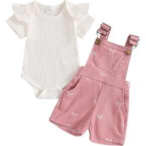 Adobabirl Baby Girl Summer Clothes Ribbed Short Sleeve Romper Bow Print Overalls Shorts Set Infant Cute Summer Outfits