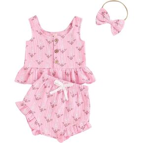 Kayotuas Infant Baby Girl Summer Clothes Floral Halter Sleeveless Tank Top Ruffle Shorts Cute Bow Headband 3 Piece Outfit Set