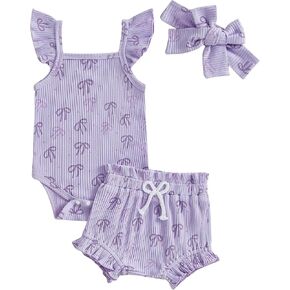Infant Baby Newborn Girl Summer Outfit Sleeveless Ruffle Flower/bow/Butterfly Print Top Hairband 3Pcs Shorts Set