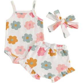 Baby Girl Summer Outfits Floral Print Sleeveless Romper with Ruffled Shorts and Bow Headband 3 Pcs Clothes Set