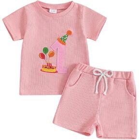 Lamuusaa Toddler Baby Girl Birthday Outfit Short Sleeve One/Two Embroidery T-shirt Waffle Elastic Shorts 2Pcs Summer Clothes