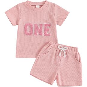 FYBITBO Toddler Baby Girl Birthday Outfit One Two Knit Short Sleeve T-shirt Shorts Summer 1st 2nd Birthday Girl Clothes Set