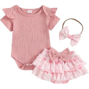 Adobabirl Baby Girl Summer Clothes Short Sleeve Ribbed Romper Ruffle Layered Bloomers Shorts Headband Boutique Clothing
