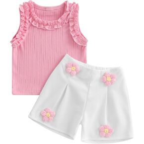 Toddler Baby Girl Summer Outfit Sleeveless Ruffle Pink Tops + Crochet Flower Pants 2Pcs Infant Girl Shorts Set
