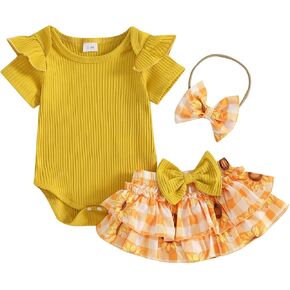 Adobabirl Baby Girl Summer Clothes Short Sleeve Ribbed Romper Ruffle Layered Bloomers Shorts Headband Boutique Clothing in Kuwait