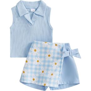 Madjtlqy Toddler Baby Girl Summer Outfits Solid Color Collared Sleeveless Tank Tops + Floral Plaid Shorts Set