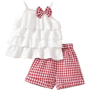 MakeMeChic Baby girls 2 Piece Cute Outfit Plaid Bow Eyelet Embroidery Ruffle Tiered Cami Top and Shorts Set