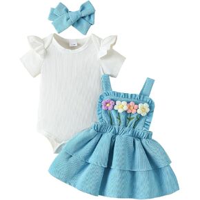 Toddler Baby Girl Summer Clothes Short Sleeve Romper Suspender Overall Skirt Dress with Headband Outfits Set