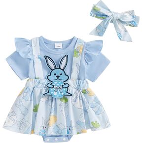 Adobabirl Baby Girl Easter Outfit Newborn Bunny Egg Romper Dress Short Sleeve Ruffle Skirt Bodysuit Cute Clothes+Headband