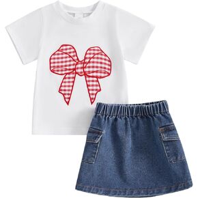 Kids Toddler Baby Girl Summer Clothes Outfit Bow Applique Short Sleeve T Shirt Top and Denim Skirt Dress Set