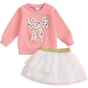 Kayotuas Toddler Baby Girl Valentines Outfit Red Love Heart Bow Sweatshirt and Tulle Tutu Skirts Set Cute Fall Spring Clothes in Kuwait