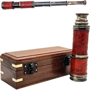 Nautical Pirate Brass Telescope 15-Inch – Collapsible Monocular with Wooden Box Vintage Telescope for Hiking Camping Outdoor Adventures Navigation Collectible Maritime Exploration Travel Gear