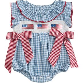 My First 4th Of July Baby Girl Outfit Newborn Smocked Bubble Romper Infant Memorial Day Bodysuit Patriotic Clothes