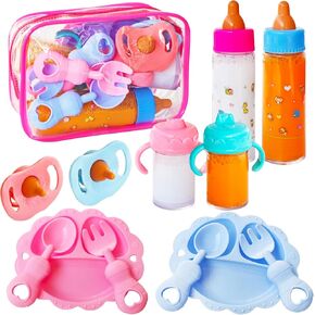 12 PCS Baby Doll Accessories Set Magic Bottle Set ، Play Play Toy Toy مع مجموعة ، مجموعة تغذية دمية للأطفال ، زجاجات حليب عصير تختفي ، أكواب Sippy ، ملاعق الوعاء ، ملاعق الوعاء