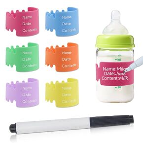 6PCS Bottle Labels Daycare Reusable, Waterproof Silicone Baby Bottle Labels for Daycare,Write and Reuse Sippy Cup Bands Baby Bottle Labels with Marker(6 Color)
